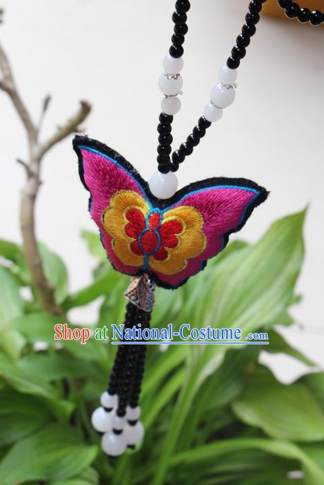 Traditional Chinese Miao Nationality Crafts Jewelry Accessory, Hmong Handmade Black Beads Tassel Double Side Embroidery Butterfly Pendant, Miao Ethnic Minority Necklace Accessories Sweater Chain Pendant for Women