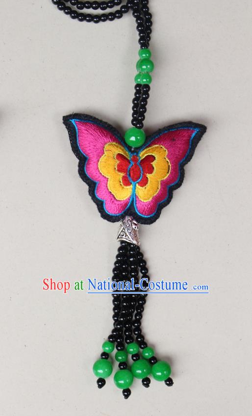 Traditional Chinese Miao Nationality Crafts Jewelry Accessory, Hmong Handmade Black Beads Tassel Double Side Embroidery Butterfly Pendant, Miao Ethnic Minority Necklace Accessories Sweater Chain Pendant for Women