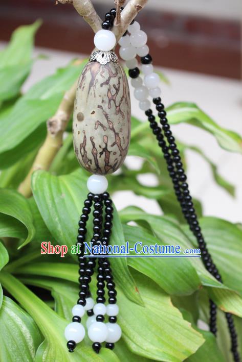 Traditional Chinese Miao Nationality Crafts Jewelry Accessory, Hmong Handmade Black Beads Bodhi Seed Tassel Pendant, Miao Ethnic Minority Necklace Accessories Sweater Chain Pendant for Women