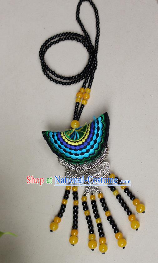 Traditional Chinese Miao Nationality Crafts Jewelry Accessory, Hmong Handmade Miao Silver Fish Beads Tassel Double Side Embroidery Pendant, Miao Ethnic Minority Necklace Accessories Sweater Chain Pendant for Women