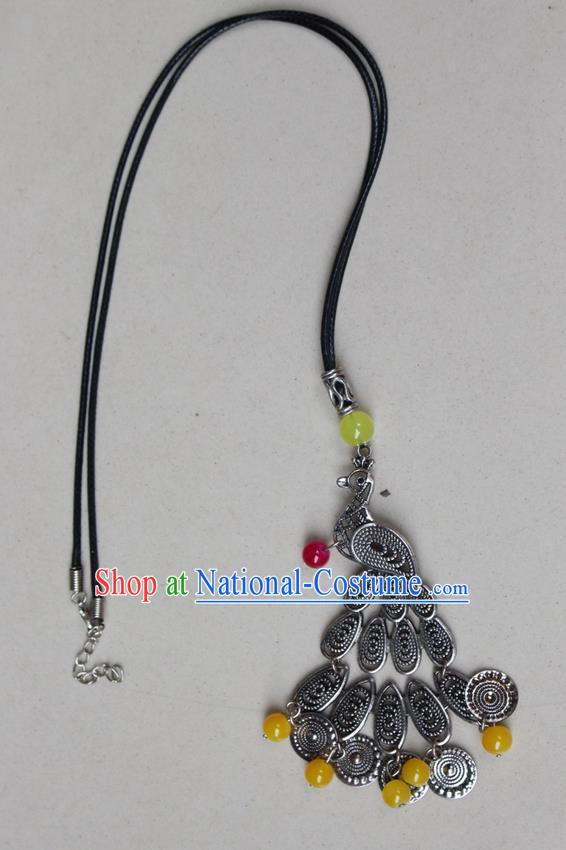 Traditional Chinese Miao Nationality Crafts Jewelry Accessory, Hmong Handmade Miao Silver Peacock Beads Tassel Pendant, Miao Ethnic Minority Black Rope Necklace Accessories Sweater Chain Pendant for Women