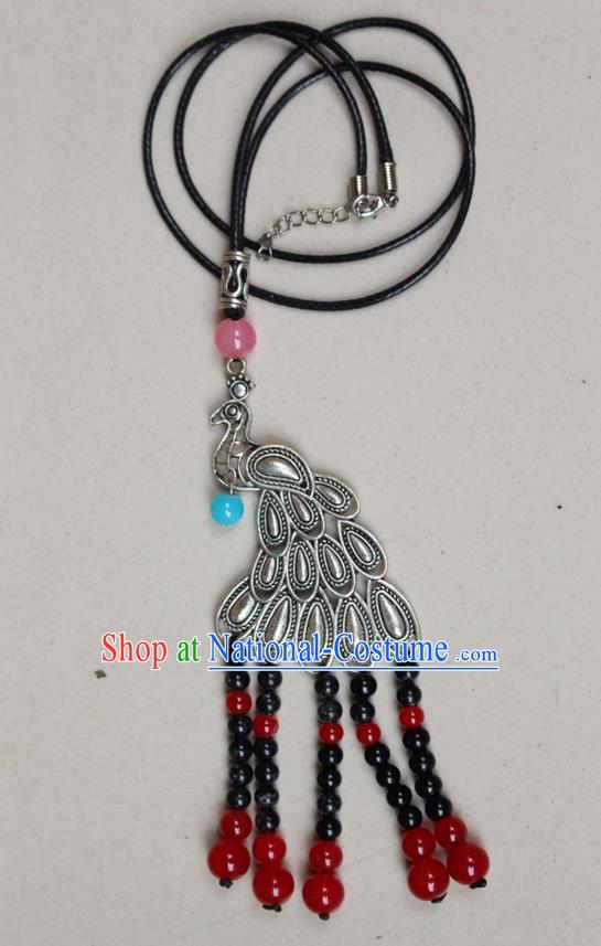 Traditional Chinese Miao Nationality Crafts Jewelry Accessory, Hmong Handmade Miao Silver Peacock Beads Tassel Pendant, Miao Ethnic Minority Black Rope Necklace Accessories Sweater Chain Pendant for Women