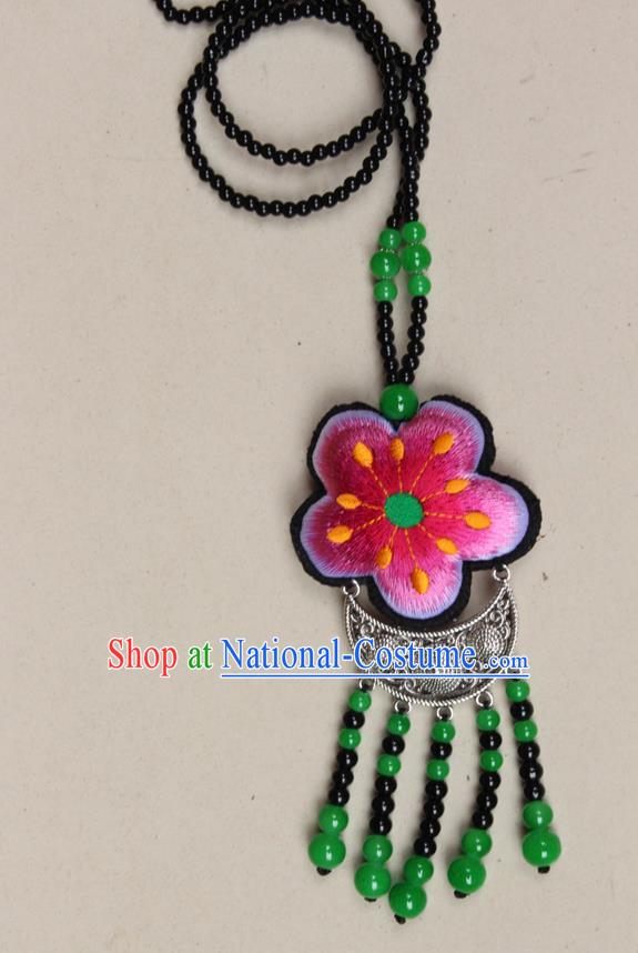 Traditional Chinese Miao Nationality Crafts Jewelry Accessory, Hmong Handmade Black Beads Tassel Double Side Embroidery Flowers Pendant, Miao Ethnic Minority Necklace Accessories Sweater Chain Pendant for Women