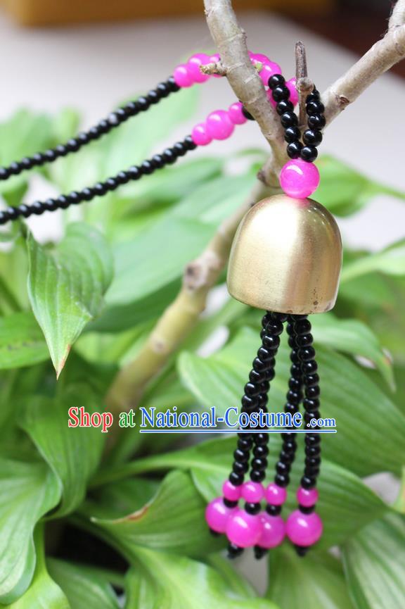 Traditional Chinese Miao Nationality Crafts Jewelry Accessory, Hmong Handmade Copper Bell Beads Tassel Pendant, Miao Ethnic Minority Avoid Evil Necklace Accessories Sweater Chain Pendant for Women