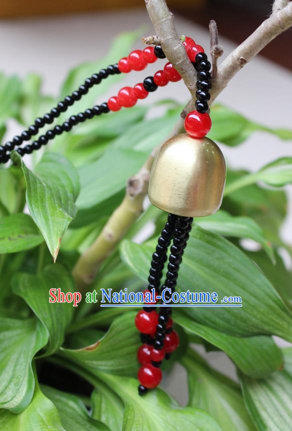 Traditional Chinese Miao Nationality Crafts Jewelry Accessory, Hmong Handmade Copper Bell Beads Tassel Pendant, Miao Ethnic Minority Avoid Evil Necklace Accessories Sweater Chain Pendant for Women