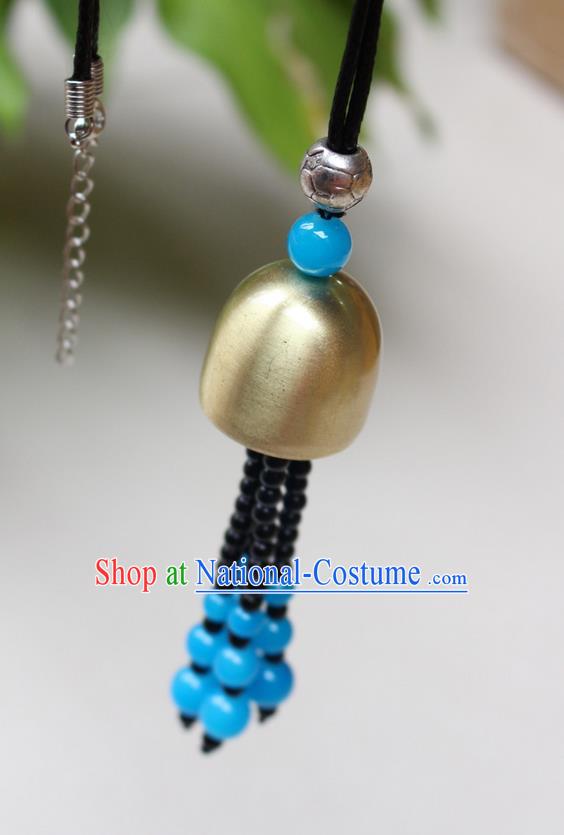 Traditional Chinese Miao Nationality Crafts Jewelry Accessory, Hmong Handmade Copper Bell Beads Tassel Pendant, Miao Ethnic Minority Avoid Evil Necklace Accessories Sweater Chain Pendant for Women