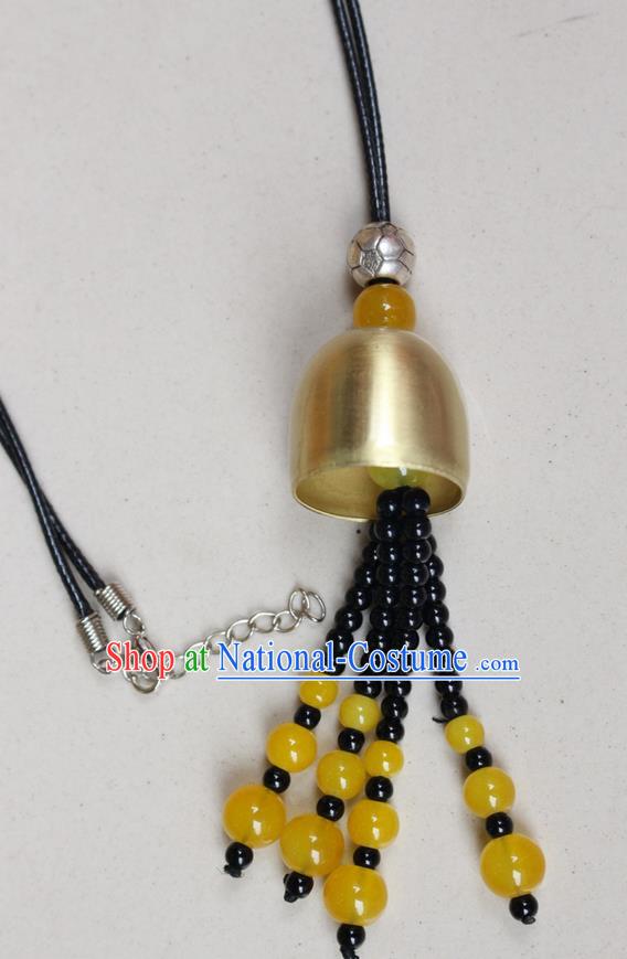 Traditional Chinese Miao Nationality Crafts Jewelry Accessory, Hmong Handmade Copper Bell Beads Tassel Pendant, Miao Ethnic Minority Avoid Evil Necklace Accessories Sweater Chain Pendant for Women