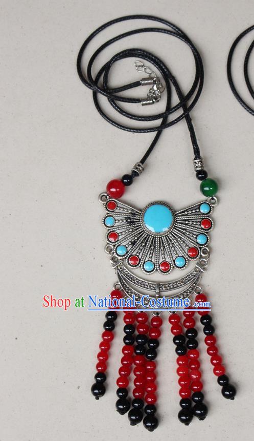 Traditional Chinese Miao Nationality Crafts Jewelry Accessory, Hmong Handmade Miao Silver Beads Tassel Pendant, Miao Ethnic Minority Black Rope Necklace Accessories Sweater Chain Pendant for Women