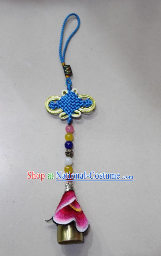 Traditional Chinese Miao Nationality Crafts Jewelry Accessory, Hmong Handmade Copper Bell Tassel Chinese Knot Embroidery Pendant, Miao Ethnic Minority Haven Evil Bell Car Accessories Pendant