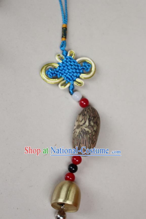 Traditional Chinese Miao Nationality Crafts Jewelry Accessory, Hmong Handmade Copper Bell Tassel Blue Chinese Knot Bodhi Seed Pendant, Miao Ethnic Minority Haven Evil Bell Car Accessories Pendant