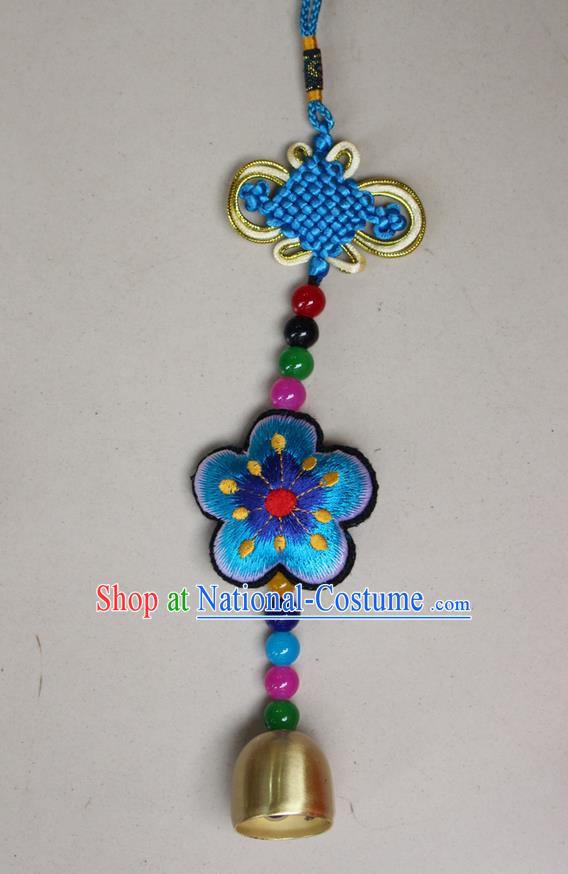 Traditional Chinese Miao Nationality Crafts Jewelry Accessory, Hmong Handmade Copper Bell Tassel Chinese Knot Embroidery Blue Flowers Pendant, Miao Ethnic Minority Haven Evil Bell Car Accessories Pendant