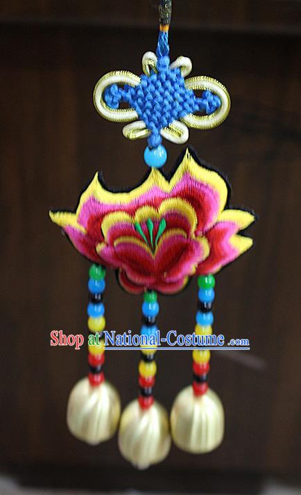 Traditional Chinese Miao Nationality Crafts Jewelry Accessory, Hmong Handmade Copper Bell Tassel Chinese Knot Embroidery Pendant, Miao Ethnic Minority Haven Evil Bell Car Accessories Pendant