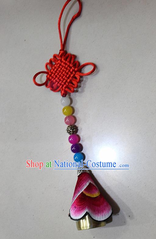 Traditional Chinese Miao Nationality Crafts Jewelry Accessory, Hmong Handmade Copper Bell Tassel Chinese Knot Embroidery Pendant, Miao Ethnic Minority Haven Evil Bell Car Accessories Pendant