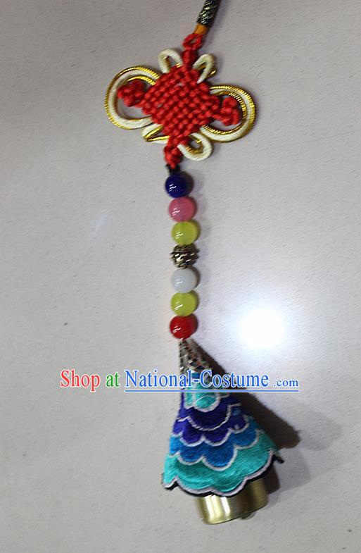 Traditional Chinese Miao Nationality Crafts Jewelry Accessory, Hmong Handmade Copper Bell Tassel Chinese Knot Embroidery Pendant, Miao Ethnic Minority Haven Evil Bell Car Accessories Pendant