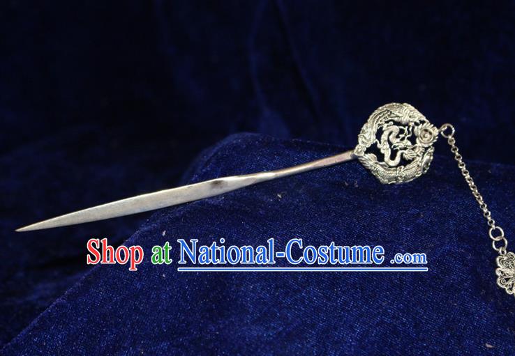 Traditional Chinese Miao Nationality Crafts Jewelry Accessory Hair Accessories, Hmong Handmade Miao Silver Palace Tassel Hair Dragon Sticks Hair Claw, Miao Ethnic Minority Hair Fascinators Hairpins for Women