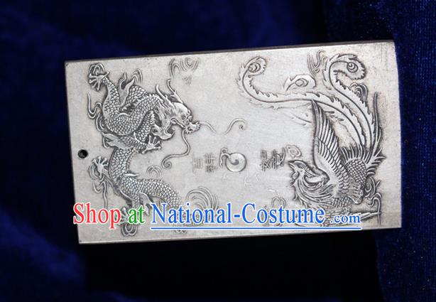 Traditional Chinese Miao Nationality Crafts Accessory, Hmong Handmade Miao Silver Dragon-Phoenix Paper Weight, Miao Ethnic Minority Palace Silver Paperweight