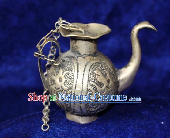 Traditional Chinese Miao Nationality Crafts Accessory, Hmong Handmade Miao Silver Kettle, Miao Ethnic Minority Palace Silver Wine Pot