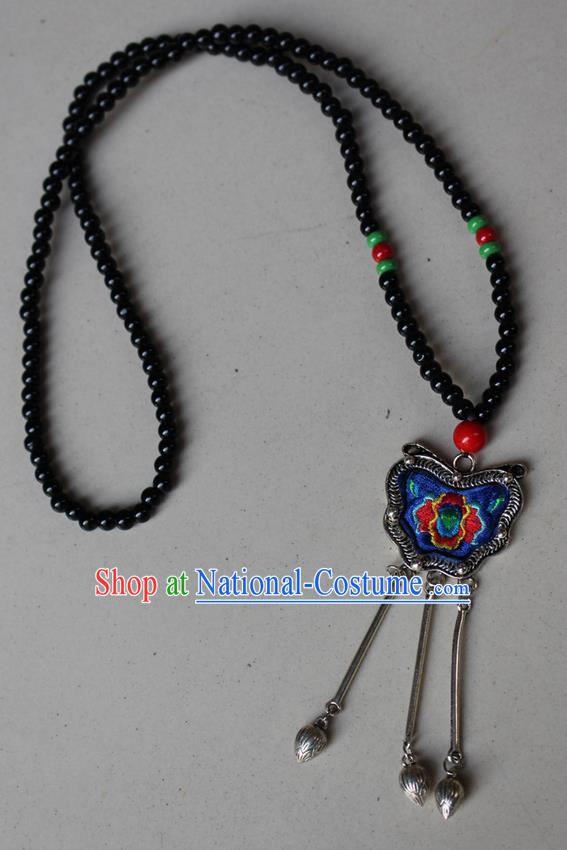 Traditional Chinese Miao Nationality Crafts Jewelry Accessory, Hmong Handmade Miao Silver Beads Tassel Embroidery Flowers Pendant, Miao Ethnic Minority Bells Necklace Accessories Sweater Chain Pendant for Women