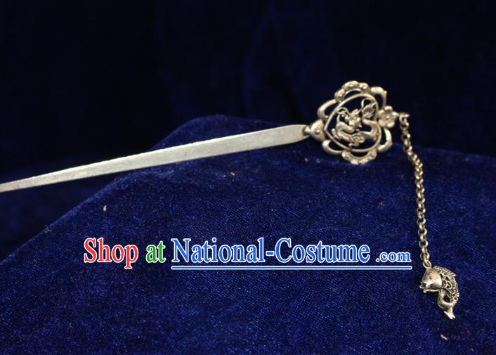 Traditional Chinese Miao Nationality Crafts Jewelry Accessory Hair Accessories, Hmong Handmade Miao Silver Palace Fish Tassel Hair Sticks Hair Claw, Miao Ethnic Minority Hair Fascinators Hairpins for Women