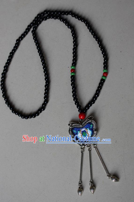 Traditional Chinese Miao Nationality Crafts Jewelry Accessory, Hmong Handmade Miao Silver Beads Tassel Embroidery Flowers Pendant, Miao Ethnic Minority Bells Necklace Accessories Sweater Chain Pendant for Women