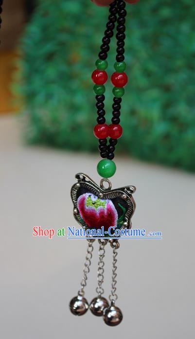 Traditional Chinese Miao Nationality Crafts Jewelry Accessory, Hmong Handmade Miao Silver Beads Tassel Embroidery Flowers Pendant, Miao Ethnic Minority Bells Necklace Accessories Sweater Chain Pendant for Women