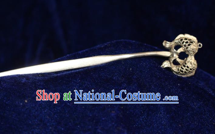 Traditional Chinese Miao Nationality Crafts Jewelry Accessory Hair Accessories, Hmong Handmade Miao Silver Double Fish Palace Lady Hair Sticks Hair Claw, Miao Ethnic Minority Hair Fascinators Hairpins for Women