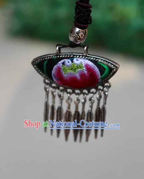 Traditional Chinese Miao Nationality Crafts Jewelry Accessory, Hmong Handmade Miao Silver Tassel Embroidery Flowers Pendant, Miao Ethnic Minority Bells Necklace Accessories Sweater Chain Pendant for Women