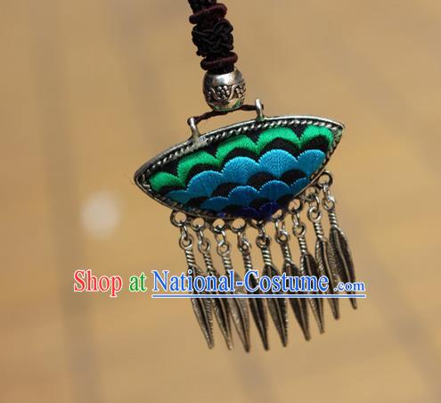 Traditional Chinese Miao Nationality Crafts Jewelry Accessory, Hmong Handmade Miao Silver Tassel Embroidery Flowers Pendant, Miao Ethnic Minority Bells Necklace Accessories Sweater Chain Pendant for Women