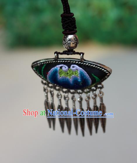 Traditional Chinese Miao Nationality Crafts Jewelry Accessory, Hmong Handmade Miao Silver Tassel Embroidery Flowers Pendant, Miao Ethnic Minority Bells Necklace Accessories Sweater Chain Pendant for Women