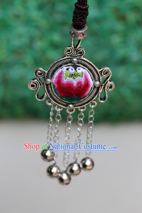 Traditional Chinese Miao Nationality Crafts Jewelry Accessory, Hmong Handmade Miao Silver Bells Tassel Embroidery Flowers Round Pendant, Miao Ethnic Minority Bells Necklace Accessories Sweater Chain Pendant for Women