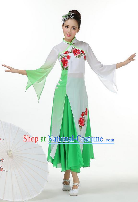 Traditional Chinese Yangge Fan Dancing Costume, Folk Dance Yangko Mandarin Collar Peony Painting Uniforms, Classic Lotus Dance Elegant Big Swing Dress Drum Dance Green Clothing for Women