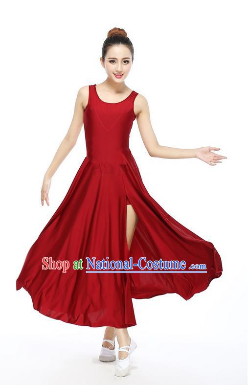 Traditional Modern Dancing Compere Costume, Women Opening Classic Chorus Singing Group Dance Dress, Modern Dance Classic Ballet Dance Wine Red Big Swing Dress for Women