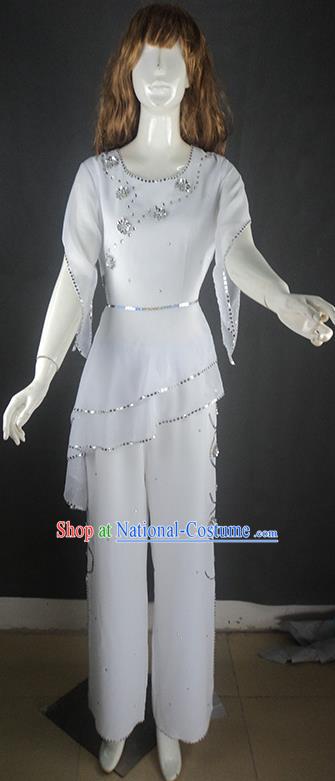 Traditional Chinese Yangge Fan Dancing Costume, Folk Dance Yangko Uniforms, Classic Umbrella Dance Elegant Big Swing Dress Drum Dance White Clothing for Women