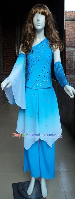 Traditional Chinese Yangge Fan Dancing Costume, Folk Dance Yangko Mandarin Sleeve Blouse and Pants Uniforms, Classic Umbrella Dance Elegant Dress Drum Dance Blue Clothing for Women