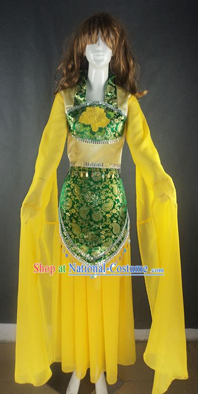 Traditional Chinese Ancient Yangge Fan Dancing Costume, Folk Dance Water Sleeve Uniforms, Classic Tang Dynasty Flying Dance Elegant Fairy Dress Drum Palace Dance Yellow Clothing for Women