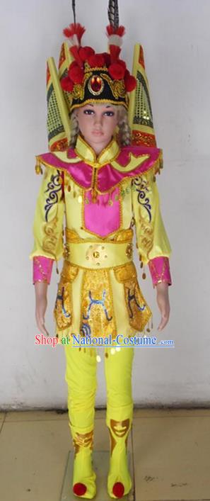 Traditional Chinese Peking Opera KnifeHorseDawn Costume and Hat Complete Set, Chinese Swordsman Children Uniforms, Classic Dance Elegant Dress Drum Dance Yellow Clothing for Kids