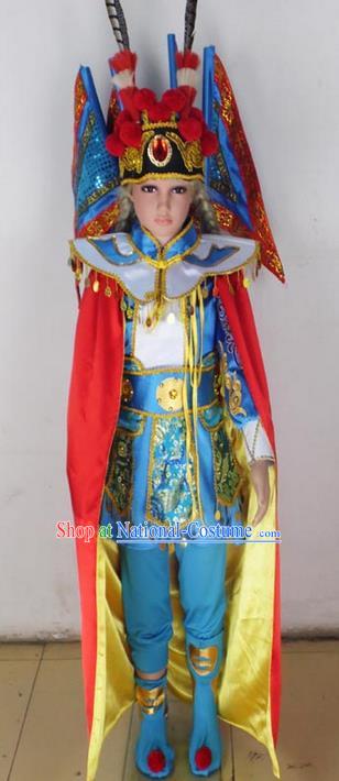 Traditional Chinese Peking Opera KnifeHorseDawn Costume and Hat Complete Set, Chinese Swordsman Children Uniforms, Classic Dance Elegant Dress Drum Dance Blue Clothing for Kids