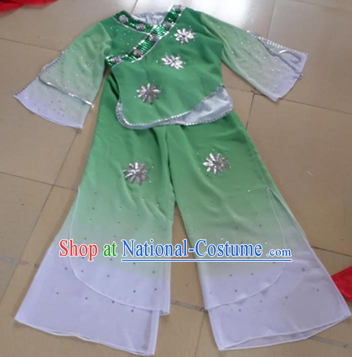 Traditional Chinese Yangge Fan Dancing Costume, Children Folk Dance Yangko Blouse and Pants Uniforms, Classic Lotus Dance Elegant Dress Drum Dance Green Clothing for Kids