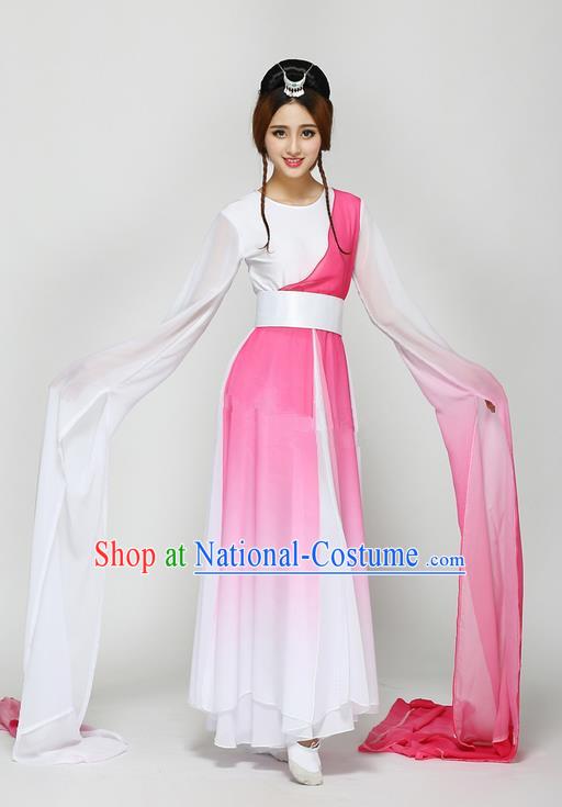 Traditional Chinese Ancient Yangge Fan Dancing Costume, Folk Dance Long Water Sleeve Dance Uniforms, Classic Tang Dynasty Flying Dance Elegant Fairy Dress Drum Palace Dance Pink Clothing for Women