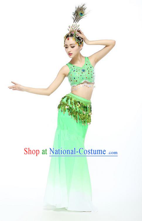 Traditional Chinese Dai Nationality Peacock Dancing Costume, Folk Dance Ethnic Fishtail Paillette Dress Palace Princess Uniform, Chinese Minority Nationality Dancing Green Clothing for Women