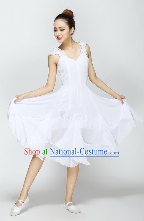 Traditional Chinese Yangge Fan Dancing Costume, Folk Dance Yangko Uniforms, Classic Modern Dance Big Swing White Dress Elegant Drum Dance Clothing for Women