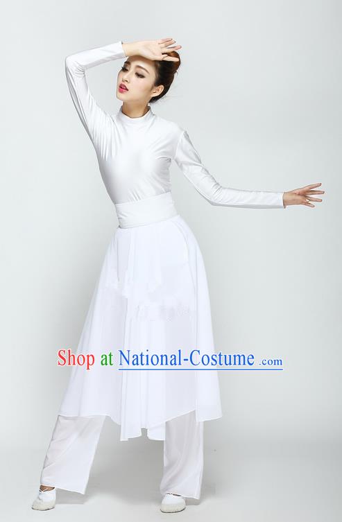 Traditional Chinese Yangge Fan Dancing Costume, Folk Dance Yangko Uniforms, Classic Modern Umbrella Dance Big Swing White Dress Elegant Drum Dance Clothing for Women