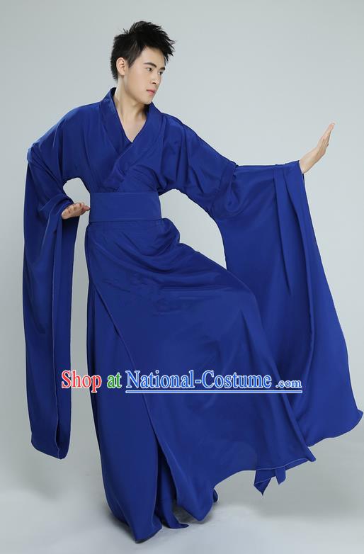 Traditional Chinese Ancient Wide Sleeve Costume, Folk Dance Drun Dance Kung fu Performance Blue Dress Uniforms, Classic Dance Martial Art Elegant Clothing for Men