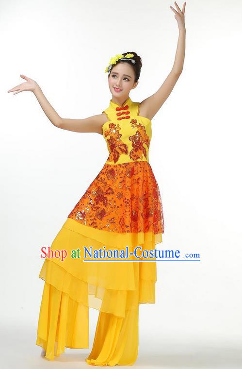 Traditional Chinese Yangge Fan Dancing Costume, Folk Dance Yangko Mandarin Sleeve Dress and Pants Butterfly Uniforms, Classic Lotus Dance Elegant Dress Drum Dance Gold Clothing for Women