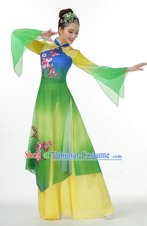 Traditional Chinese Yangge Fan Dancing Costume, Folk Dance Yangko Mandarin Sleeve Dress and Pants Plum Blossom Uniforms, Classic Umbrella Dance Elegant Dress Drum Dance Green Clothing for Women