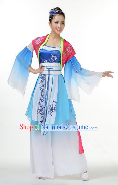 Traditional Chinese Yangge Fan Dancing Costume, Folk Dance Yangko Mandarin Sleeve Dress Blue and White Porcelain Uniforms, Classic Umbrella Dance Elegant Dress Drum Dance Clothing for Women