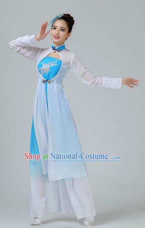 Traditional Chinese Yangge Fan Dancing Costume, Folk Dance Yangko Mandarin Sleeve Dress and Pants Paillette Uniforms, Classic Umbrella Lotus Dance Elegant Dress Drum Dance Blue Clothing for Women