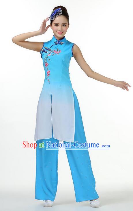 Traditional Chinese Yangge Fan Dancing Costume, Folk Dance Yangko Mandarin Collar Dress and Pants Plum Blossom Uniforms, Classic Umbrella Lotus Dance Elegant Dress Drum Dance Blue Clothing for Women