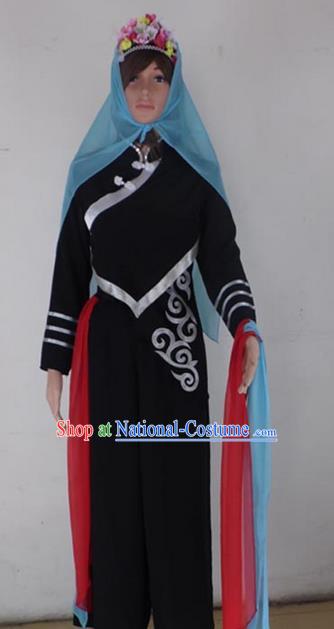 Traditional Chinese Yi Nationality Dancing Costume, Folk Dance Ethnic Dress Palace Princess Uniform, Chinese Yi Minority Nationality Dancing Black Clothing for Women