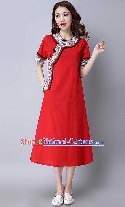 Traditional Ancient Chinese National Costume, Elegant Hanfu Printing Dress, China Tang Suit Mandarin Collar Cheongsam Upper Outer Garment Red Dress Clothing for Women